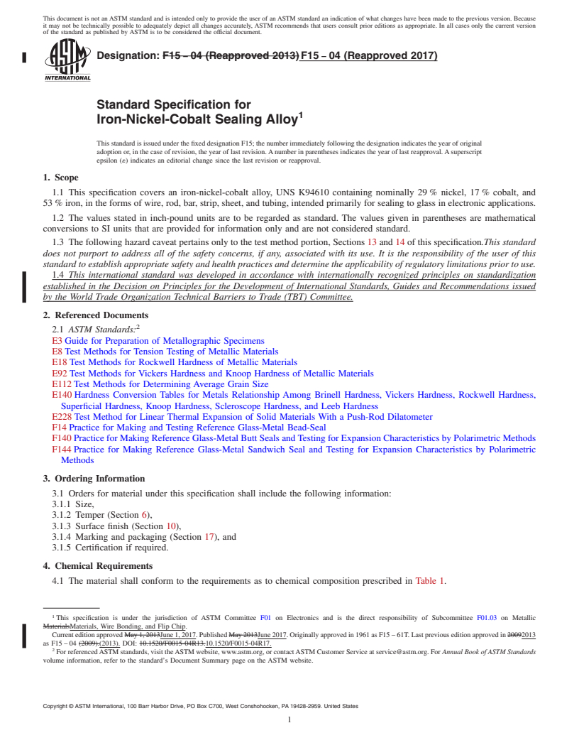 REDLINE ASTM F15-04(2017) - Standard Specification for  Iron-Nickel-Cobalt Sealing Alloy