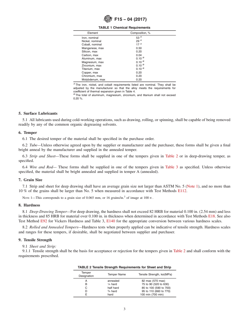 REDLINE ASTM F15-04(2017) - Standard Specification for  Iron-Nickel-Cobalt Sealing Alloy