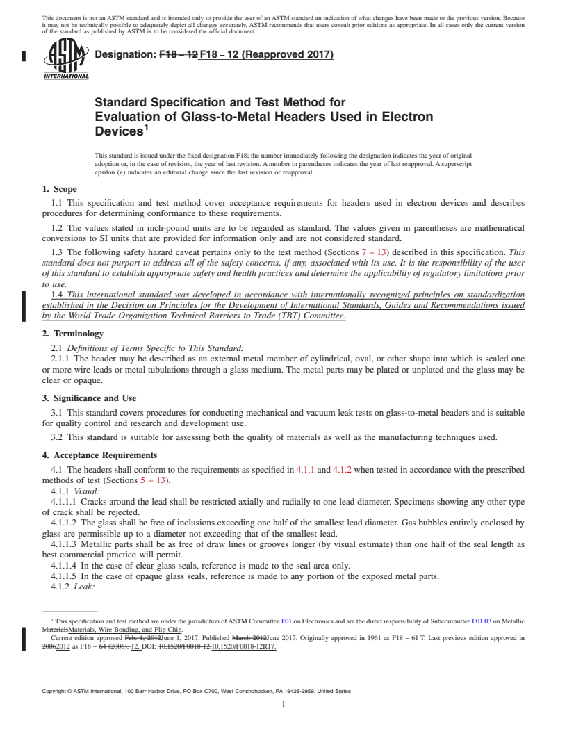 REDLINE ASTM F18-12(2017) - Standard Specification and Test Method for  Evaluation of Glass-to-Metal Headers Used in Electron Devices