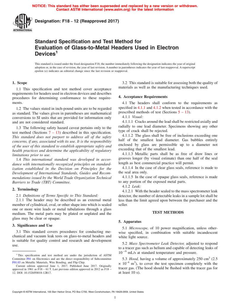 ASTM F18-12(2017) - Standard Specification and Test Method for  Evaluation of Glass-to-Metal Headers Used in Electron Devices