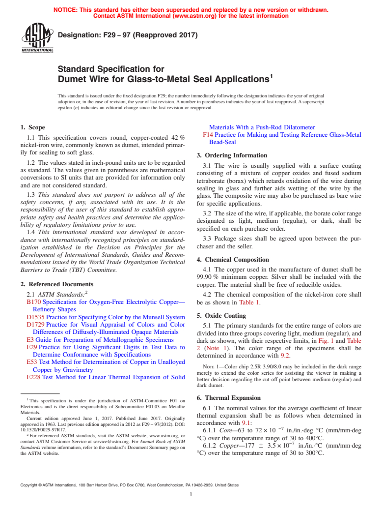 ASTM F29-97(2017) - Standard Specification for  Dumet Wire for Glass-to-Metal Seal Applications