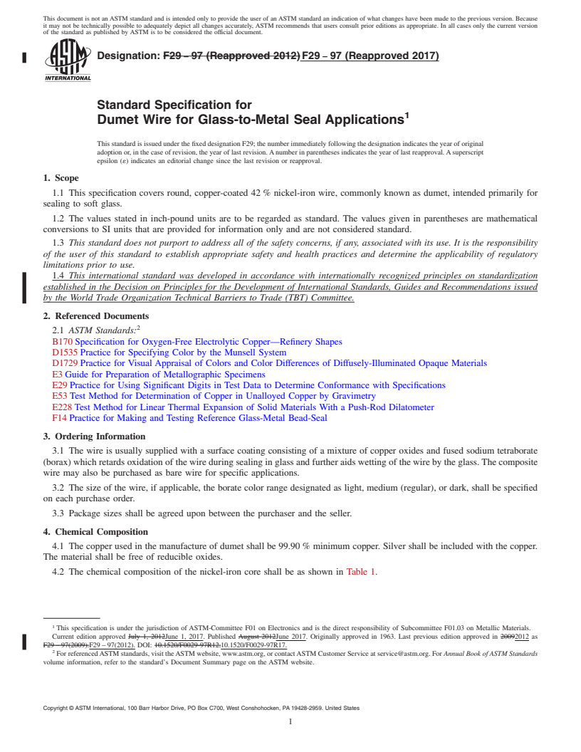 REDLINE ASTM F29-97(2017) - Standard Specification for  Dumet Wire for Glass-to-Metal Seal Applications