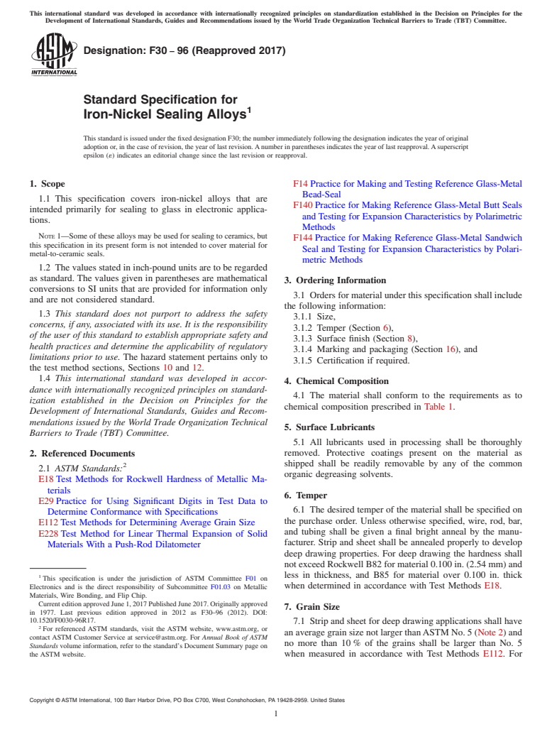 ASTM F30-96(2017) - Standard Specification for  Iron-Nickel Sealing Alloys