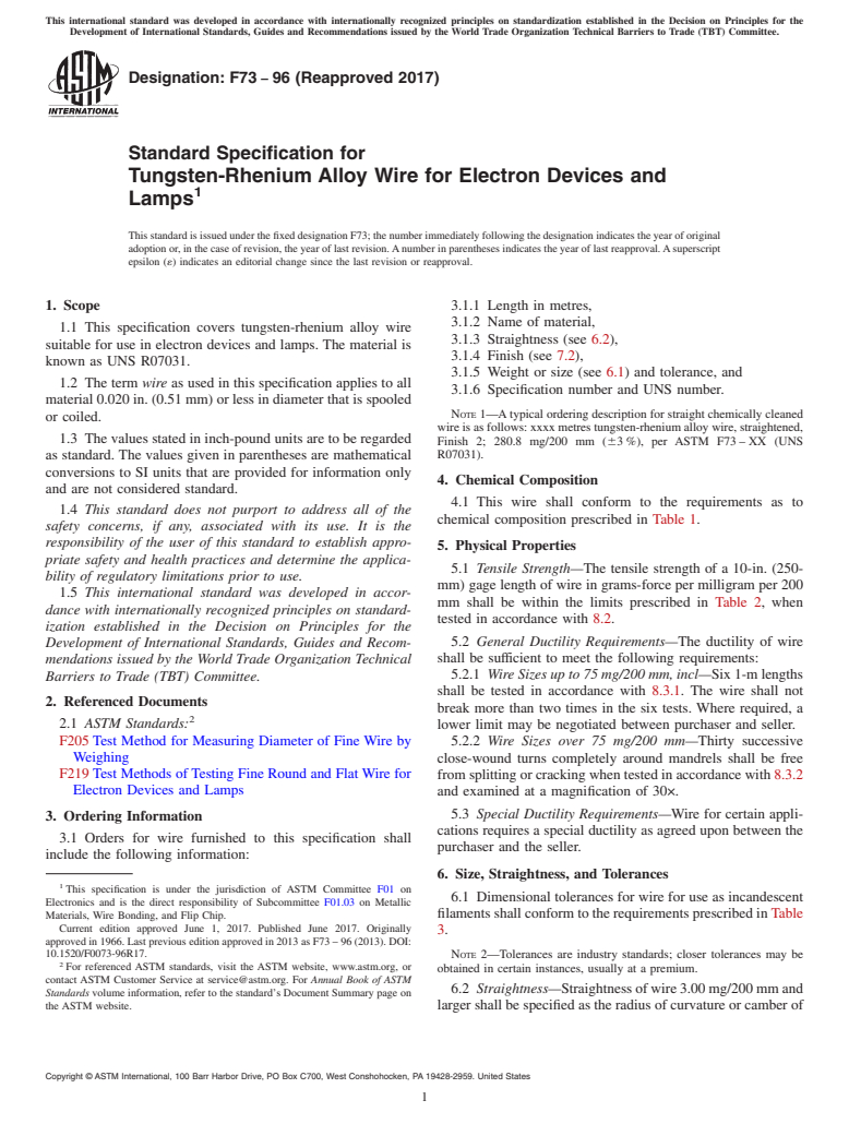 ASTM F73-96(2017) - Standard Specification for  Tungsten-Rhenium Alloy Wire for Electron Devices and Lamps