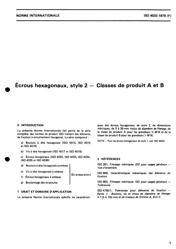 ISO 4033:1979 - Écrous hexagonaux, style 2 -- Grades A et B