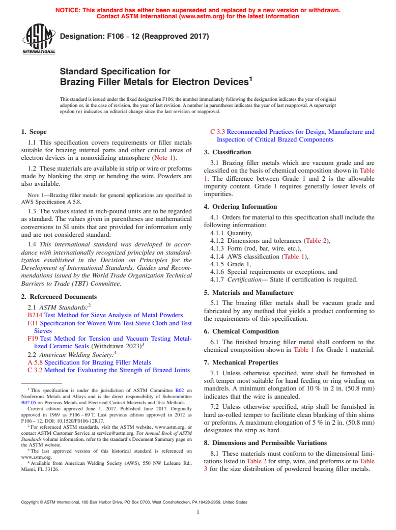 ASTM F106-12(2017) - Standard Specification for  Brazing Filler Metals for Electron Devices (Withdrawn 2024)