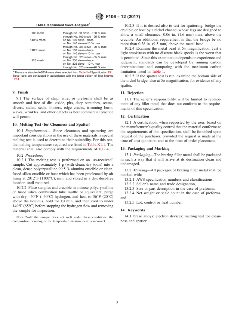 ASTM F106-12(2017) - Standard Specification for  Brazing Filler Metals for Electron Devices (Withdrawn 2024)