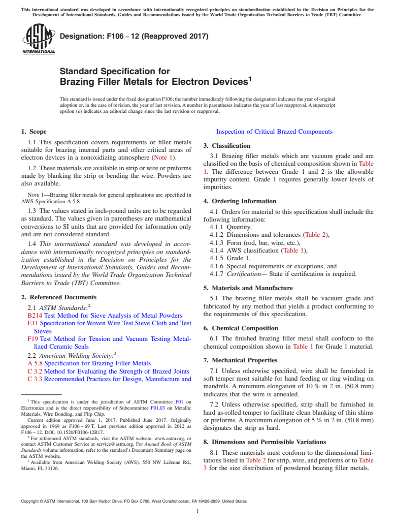 ASTM F106-12(2017) - Standard Specification for  Brazing Filler Metals for Electron Devices