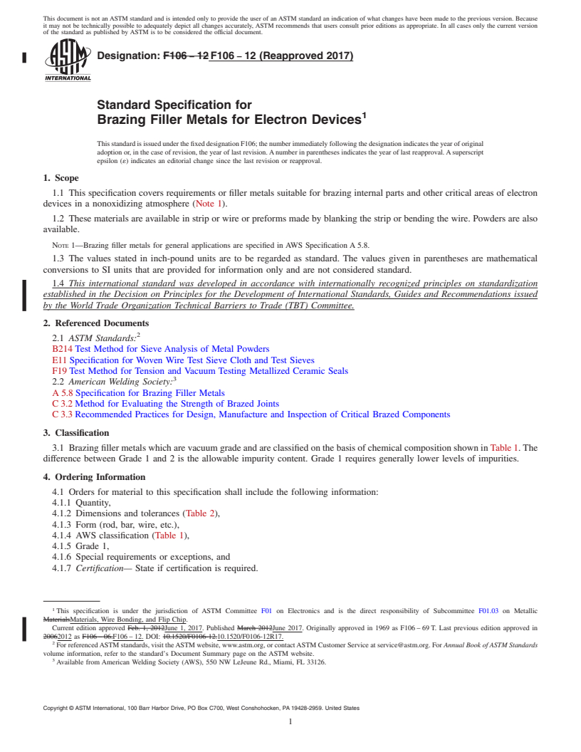 REDLINE ASTM F106-12(2017) - Standard Specification for  Brazing Filler Metals for Electron Devices (Withdrawn 2024)