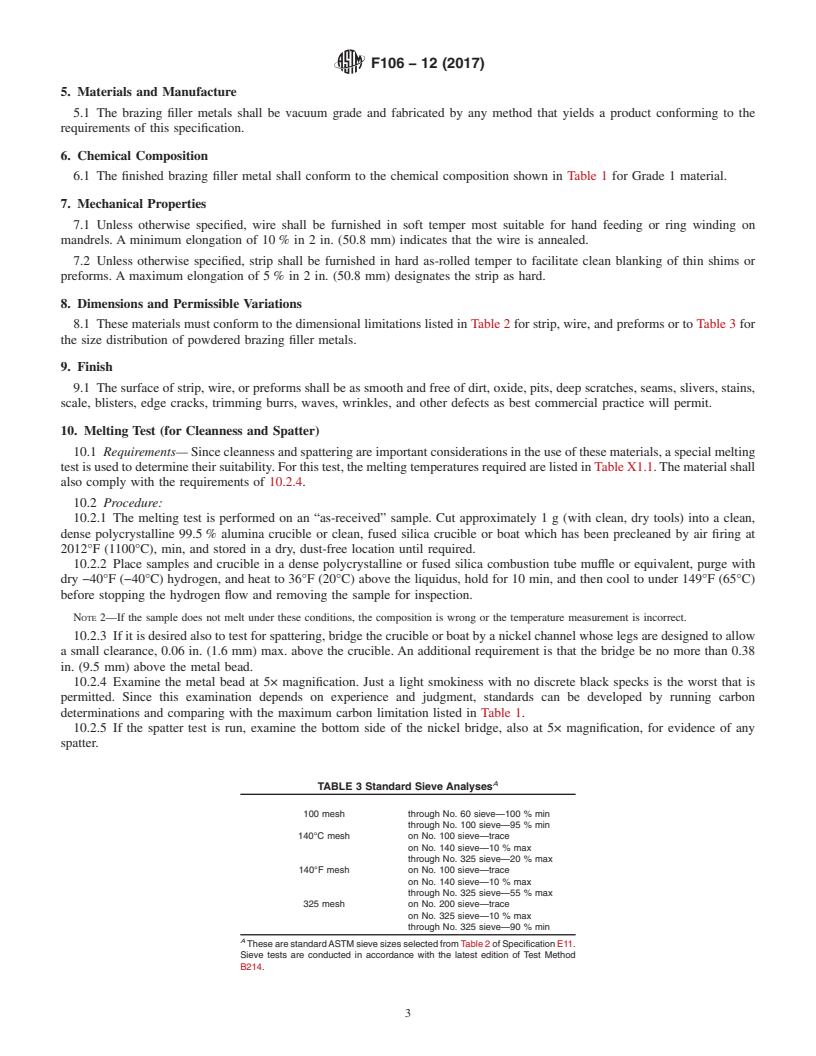 REDLINE ASTM F106-12(2017) - Standard Specification for  Brazing Filler Metals for Electron Devices (Withdrawn 2024)