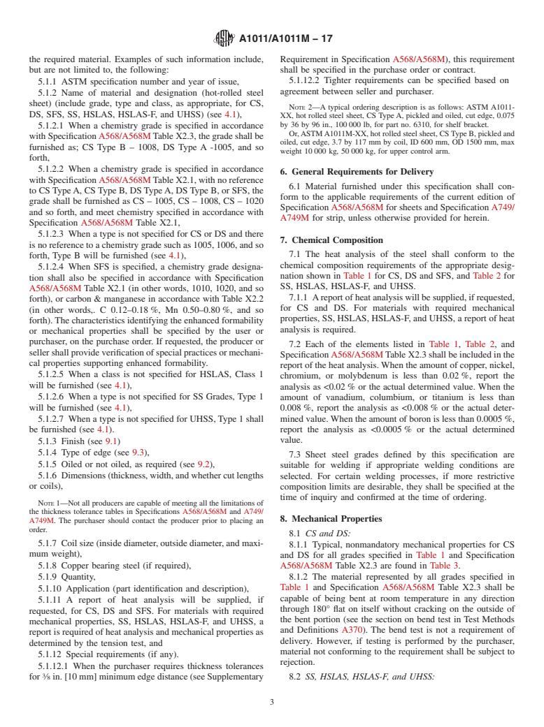ASTM A1011/A1011M-17 - Standard Specification for  Steel, Sheet and Strip, Hot-Rolled, Carbon, Structural, High-Strength  Low-Alloy, High-Strength Low-Alloy with Improved Formability, and  Ultra-High Strength