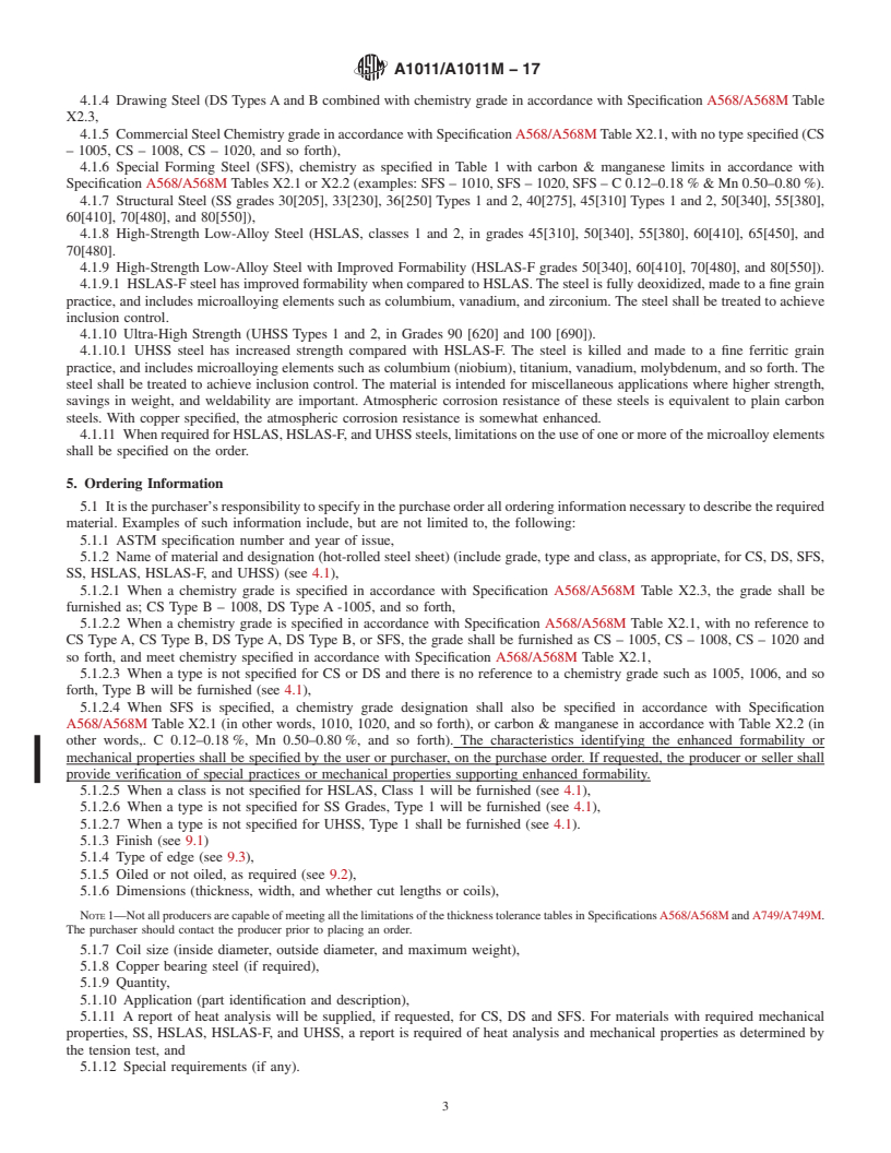 REDLINE ASTM A1011/A1011M-17 - Standard Specification for  Steel, Sheet and Strip, Hot-Rolled, Carbon, Structural, High-Strength  Low-Alloy, High-Strength Low-Alloy with Improved Formability, and  Ultra-High Strength