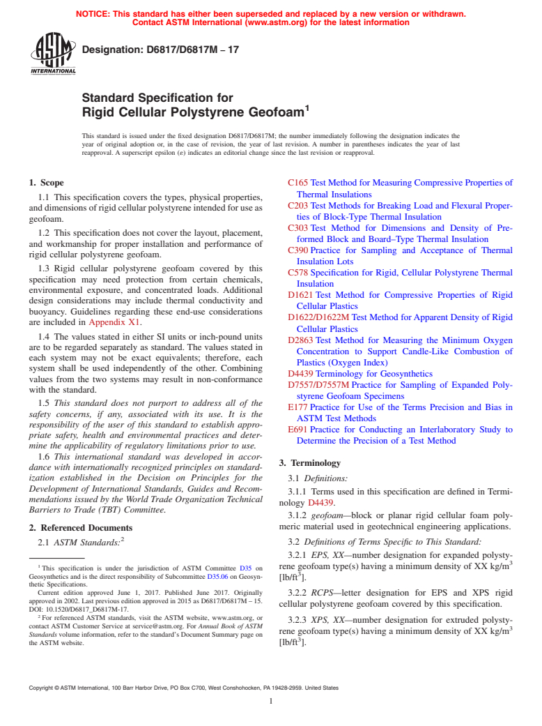 ASTM D6817/D6817M-17 - Standard Specification for Rigid Cellular Polystyrene Geofoam