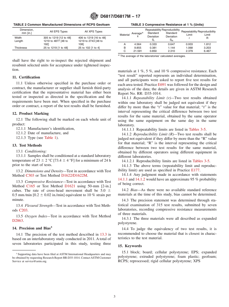 ASTM D6817/D6817M-17 - Standard Specification for Rigid Cellular Polystyrene Geofoam