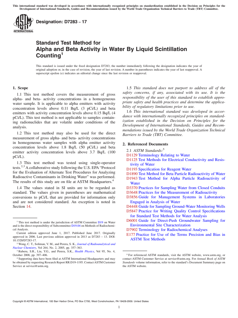 ASTM D7283-17 - Standard Test Method for  Alpha and Beta Activity in Water By Liquid Scintillation  Counting