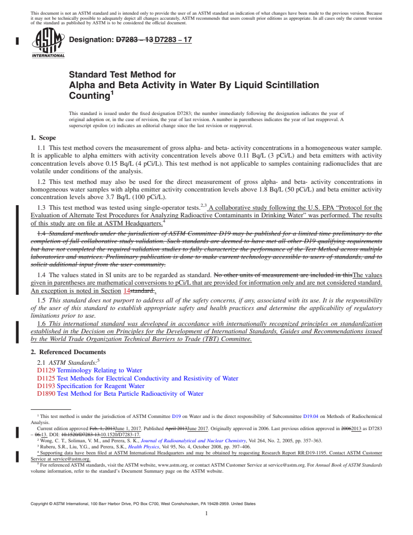 REDLINE ASTM D7283-17 - Standard Test Method for  Alpha and Beta Activity in Water By Liquid Scintillation  Counting