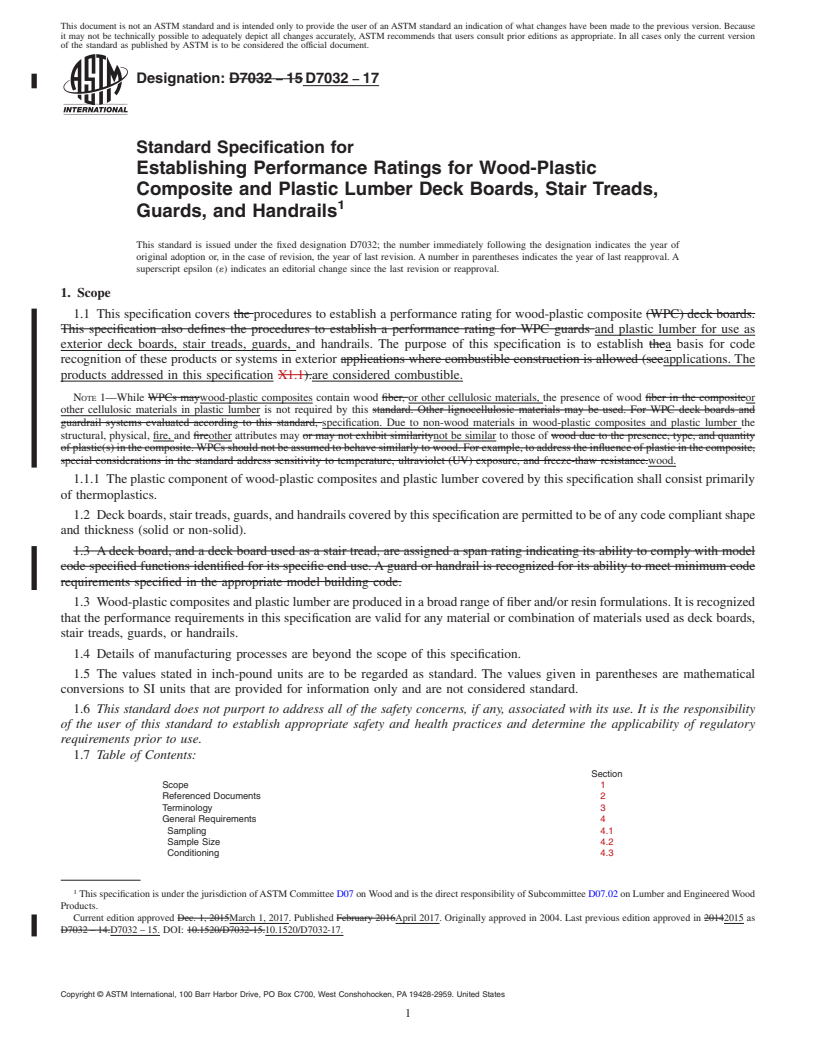 REDLINE ASTM D7032-17 - Standard Specification for  Establishing Performance Ratings for Wood-Plastic Composite   and Plastic Lumber Deck Boards, Stair Treads, Guards, and Handrails