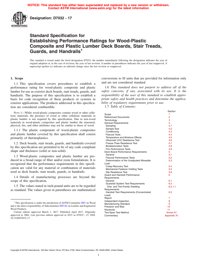 ASTM D7032-17 - Standard Specification for  Establishing Performance Ratings for Wood-Plastic Composite   and Plastic Lumber Deck Boards, Stair Treads, Guards, and Handrails