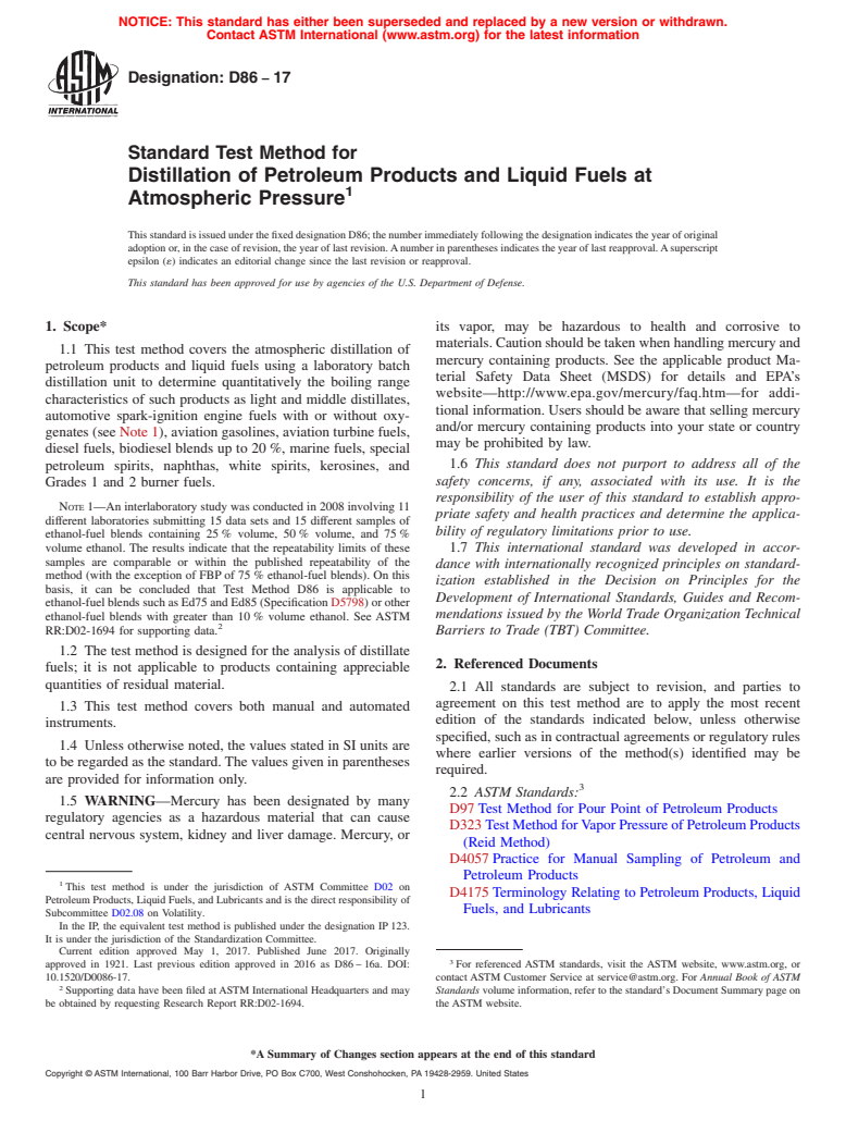 ASTM D86-17 - Standard Test Method for Distillation of Petroleum Products and Liquid Fuels at Atmospheric  Pressure