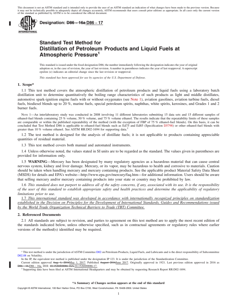 REDLINE ASTM D86-17 - Standard Test Method for Distillation of Petroleum Products and Liquid Fuels at Atmospheric  Pressure