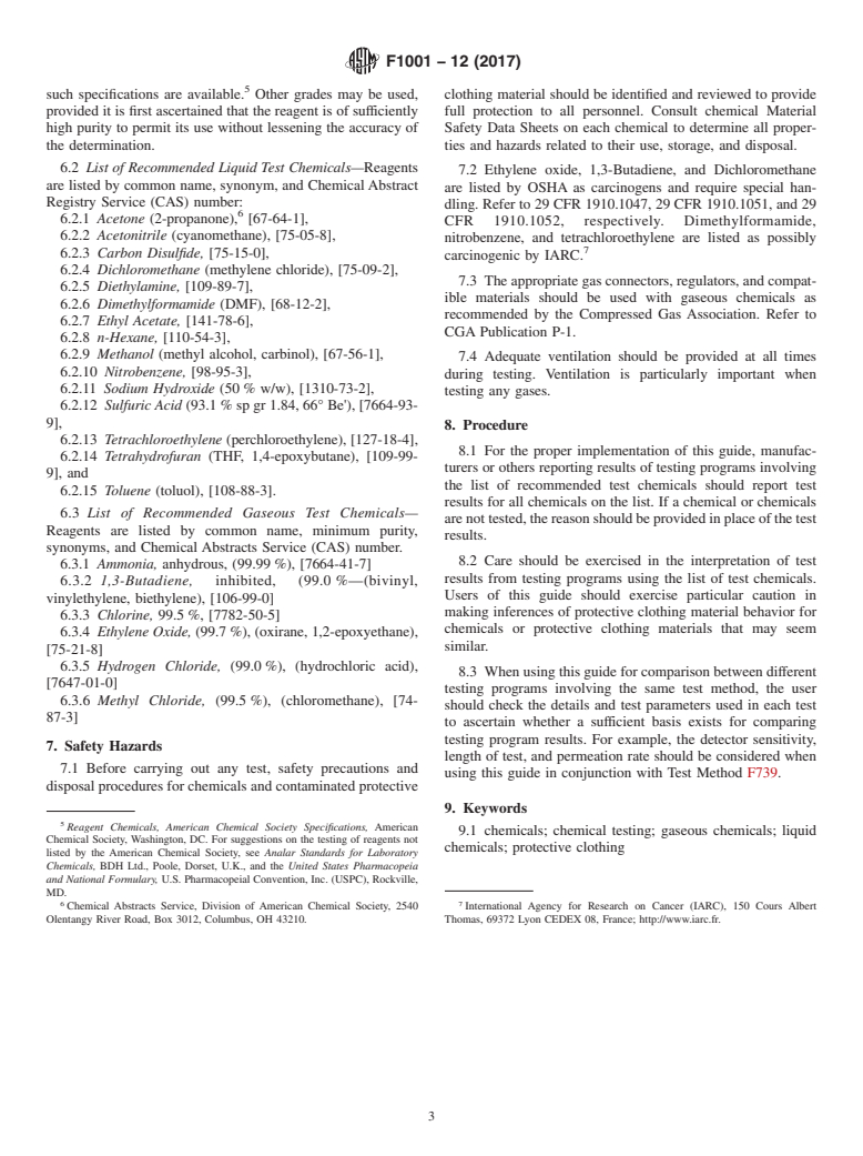 ASTM F1001-12(2017) - Standard Guide for  Selection of Chemicals to Evaluate Protective Clothing Materials