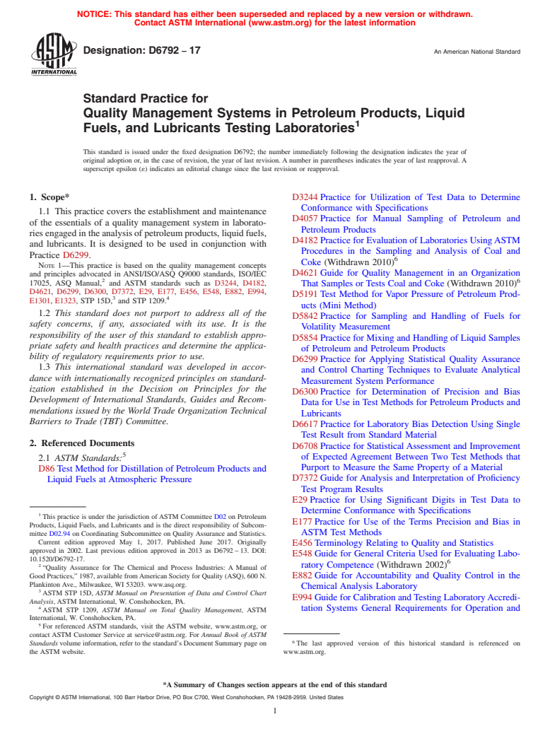 ASTM D6792-17 - Standard Practice for Quality Management Systems in Petroleum Products, Liquid Fuels,  and Lubricants Testing Laboratories