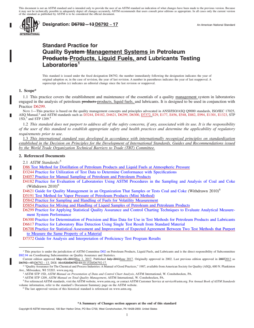 REDLINE ASTM D6792-17 - Standard Practice for Quality Management Systems in Petroleum Products, Liquid Fuels,  and Lubricants Testing Laboratories