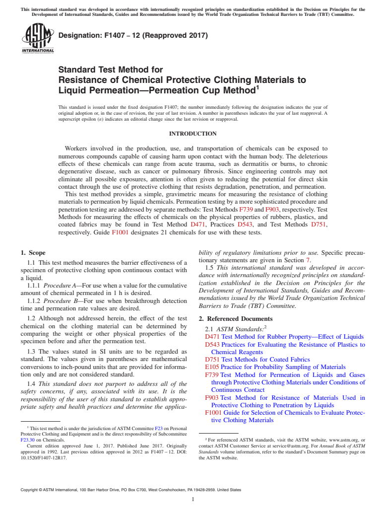 ASTM F1407-12(2017) - Standard Test Method for  Resistance of Chemical Protective Clothing Materials to Liquid  Permeation&#x2014;Permeation Cup Method