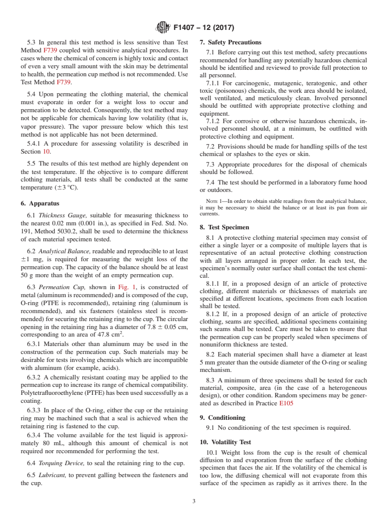 ASTM F1407-12(2017) - Standard Test Method for  Resistance of Chemical Protective Clothing Materials to Liquid  Permeation&#x2014;Permeation Cup Method