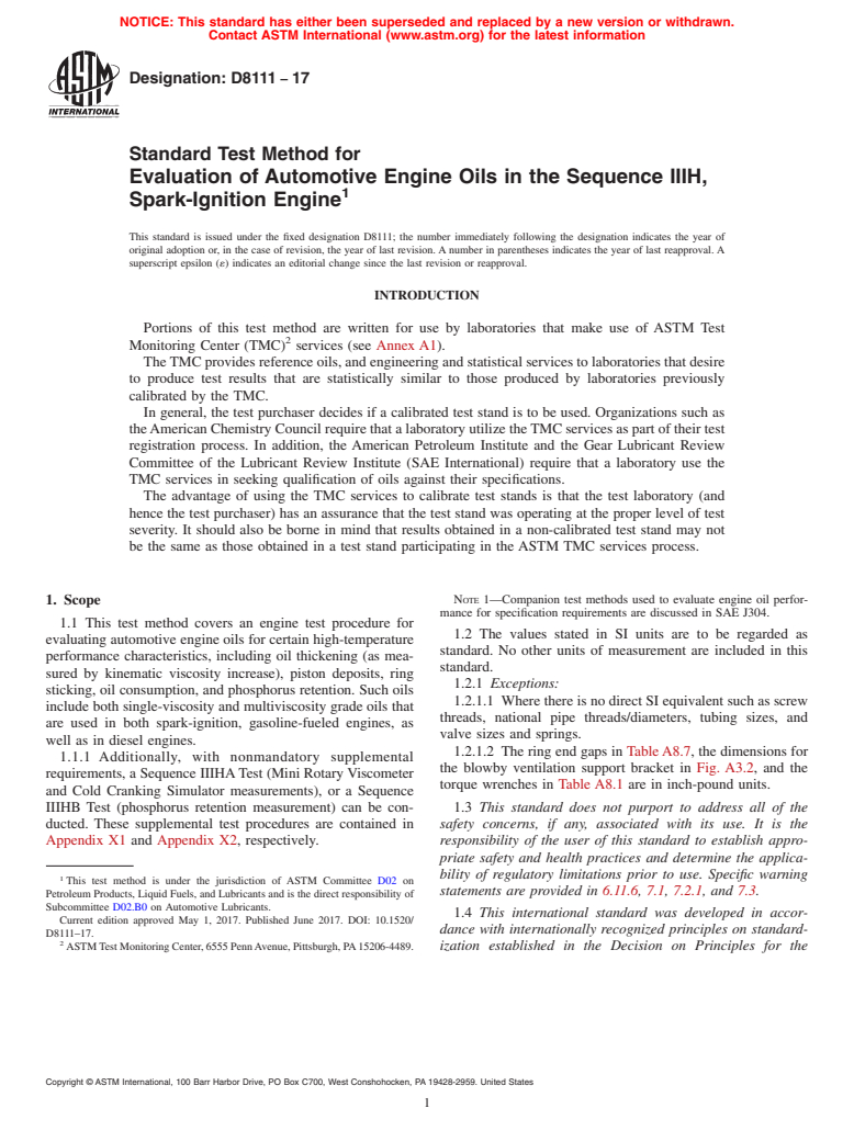 ASTM D8111-17 - Standard Test Method for Evaluation of Automotive Engine Oils in the Sequence IIIH,  Spark-Ignition Engine