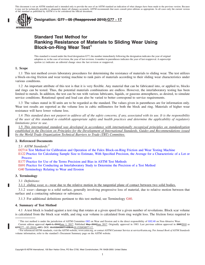 REDLINE ASTM G77-17 - Standard Test Method for  Ranking Resistance of Materials to Sliding Wear Using Block-on-Ring  Wear Test