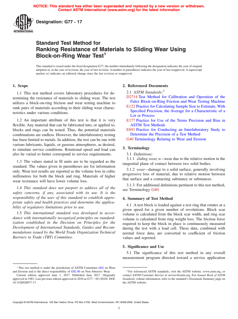 ASTM G77-17 - Standard Test Method for  Ranking Resistance of Materials to Sliding Wear Using Block-on-Ring  Wear Test