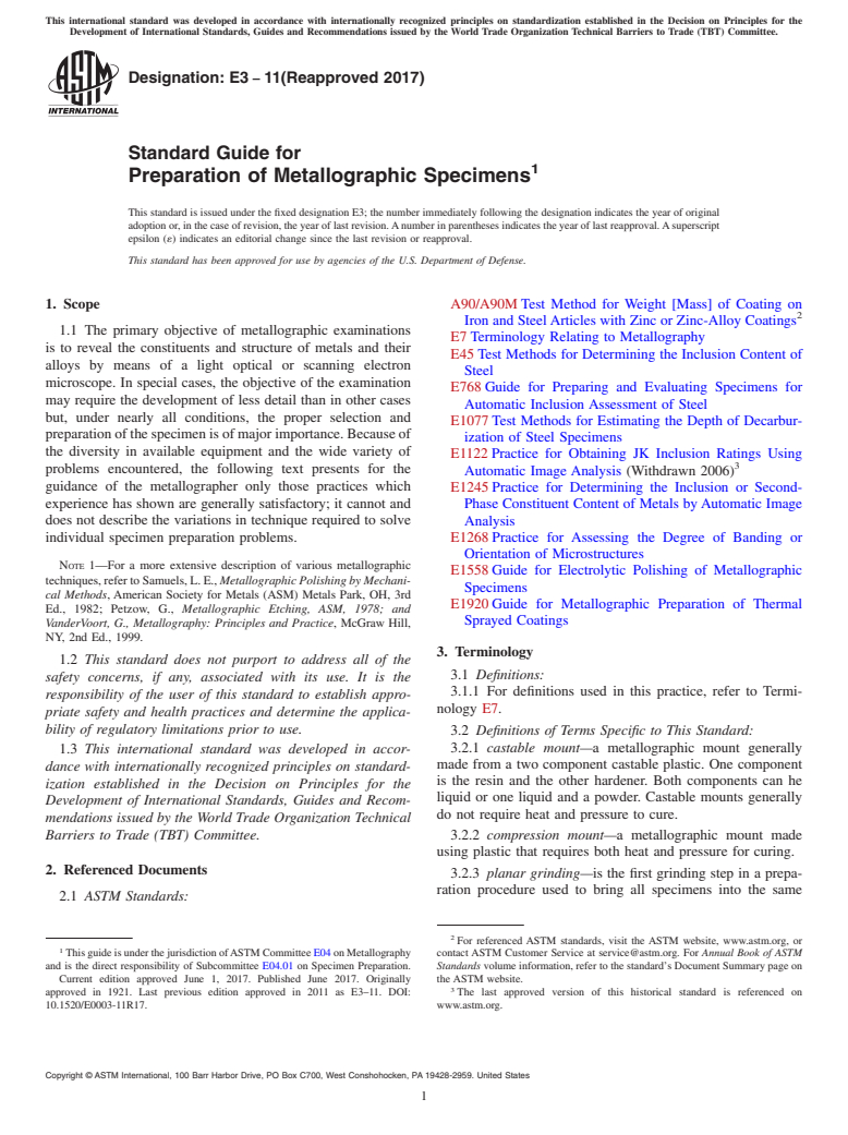 ASTM E3-11(2017) - Standard Guide for Preparation of Metallographic Specimens