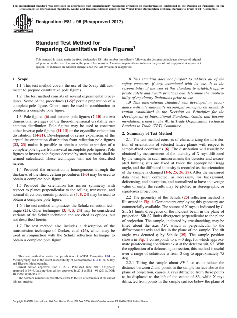 ASTM E81-96(2017) - Standard Test Method for  Preparing Quantitative Pole Figures