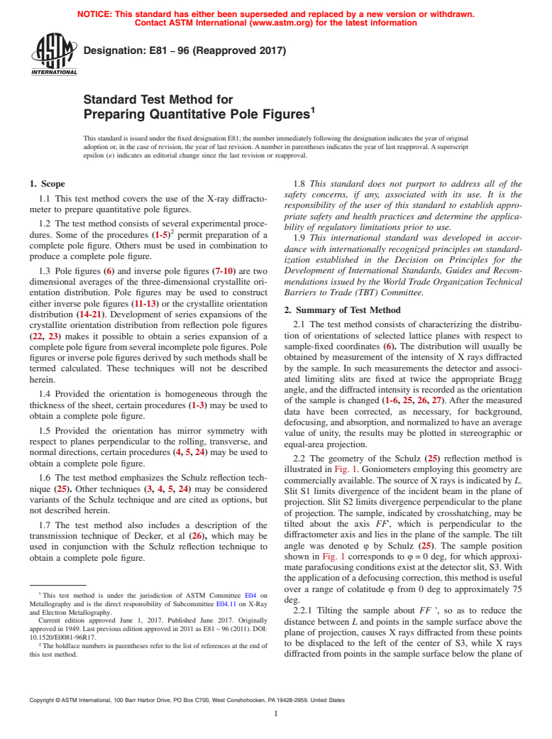 ASTM E81-96(2017) - Standard Test Method for  Preparing Quantitative Pole Figures