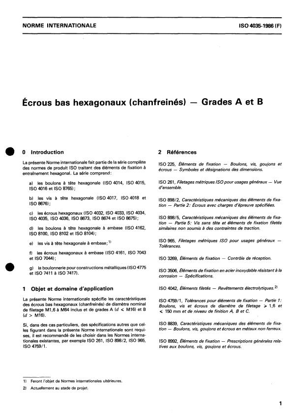 ISO 4035:1986 - Écrous bas hexagonaux (chanfreinés) -- Grades A et B