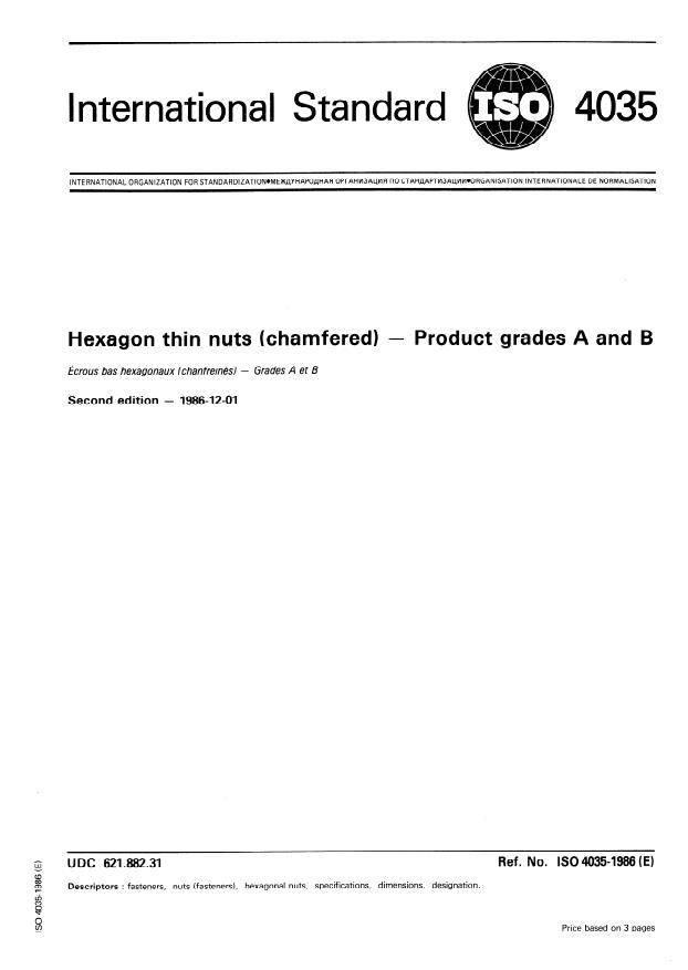 ISO 4035:1986 - Hexagon thin nuts (chamfered) -- Product grades A and B