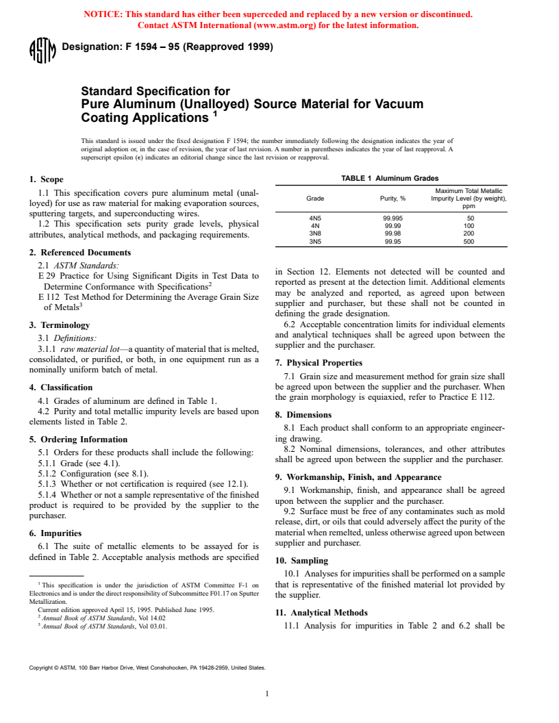 ASTM F1594-95(1999) - Standard Specification for Pure Aluminum (Unalloyed) Source Material for Vacuum Coating Applications