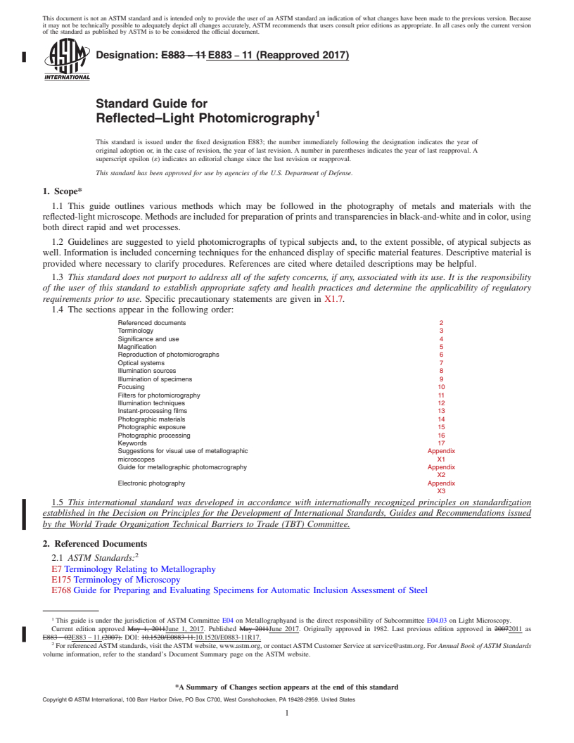 REDLINE ASTM E883-11(2017) - Standard Guide for  Reflected–Light Photomicrography