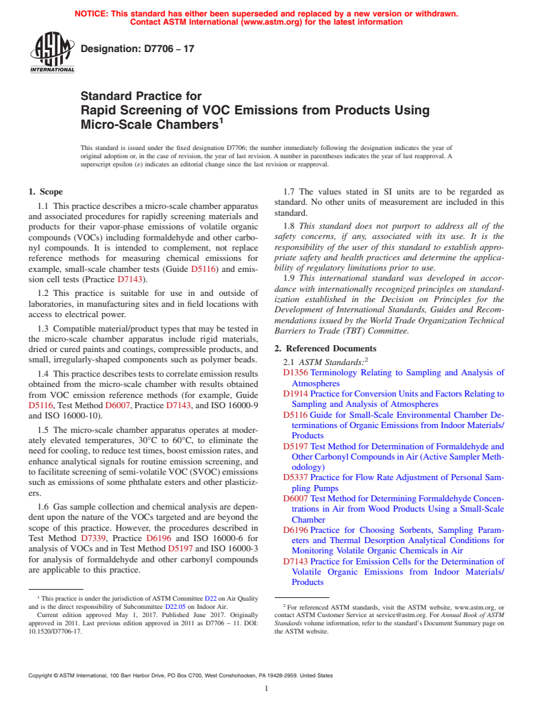 ASTM D7706-17 - Standard Practice for  Rapid Screening of VOC Emissions from Products Using Micro-Scale  Chambers