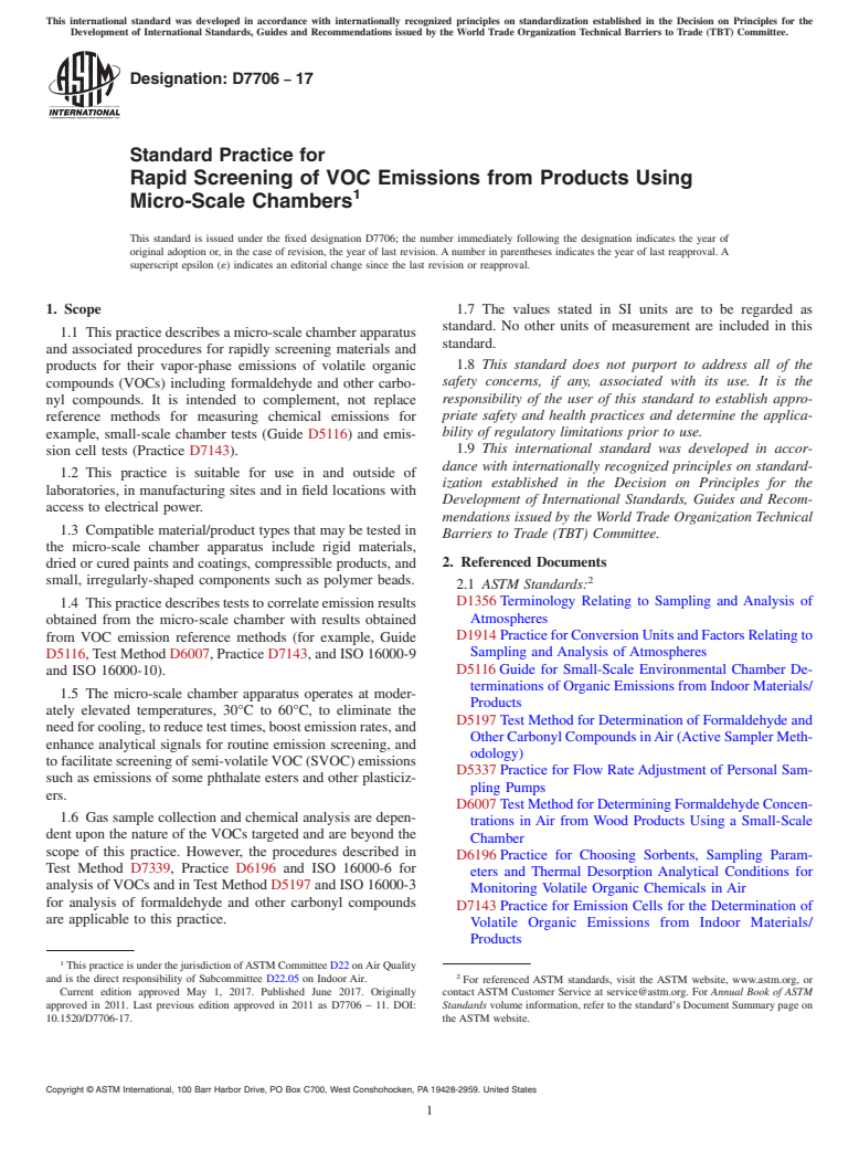 ASTM D7706-17 - Standard Practice for  Rapid Screening of VOC Emissions from Products Using Micro-Scale  Chambers