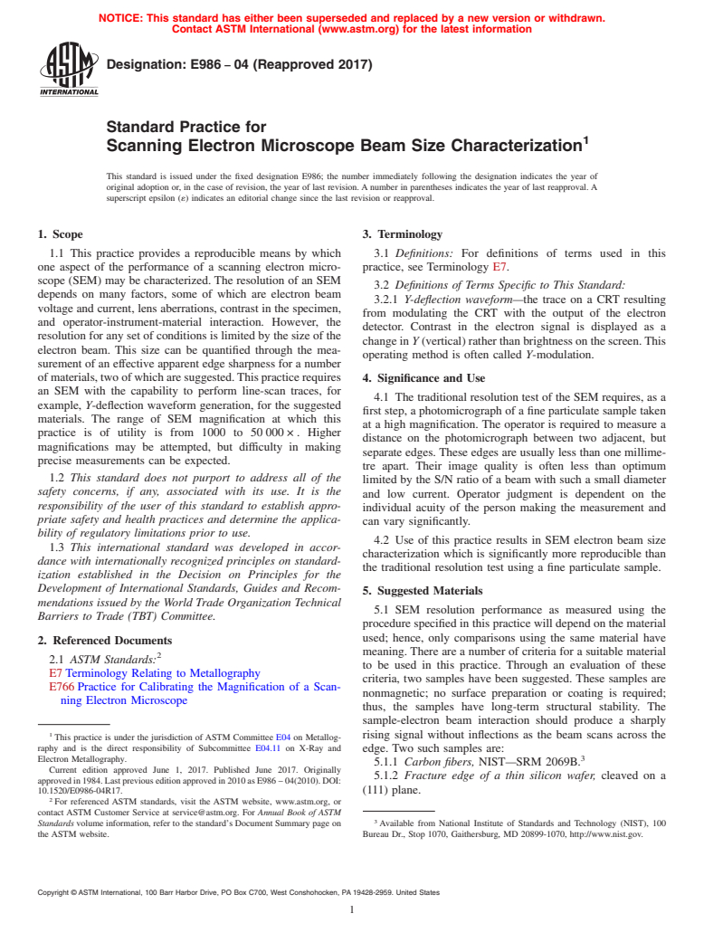 ASTM E986-04(2017) - Standard Practice for  Scanning Electron Microscope Beam Size Characterization