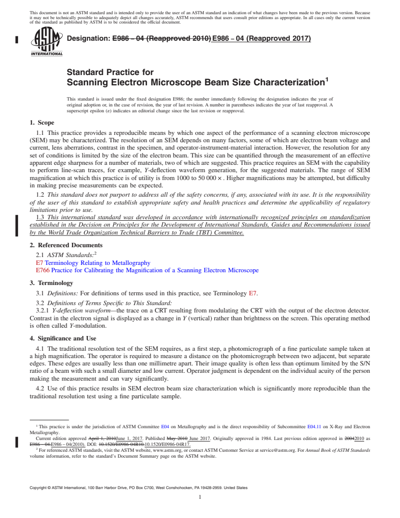 REDLINE ASTM E986-04(2017) - Standard Practice for  Scanning Electron Microscope Beam Size Characterization