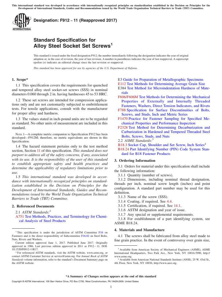 ASTM F912-11(2017) - Standard Specification for  Alloy Steel Socket Set Screws