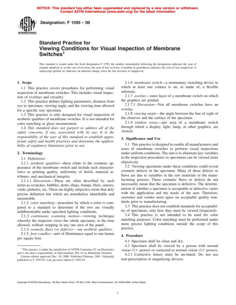 ASTM F1595-00 - Standard Practice for Viewing Conditions for Visual Inspection of Membrane Switches