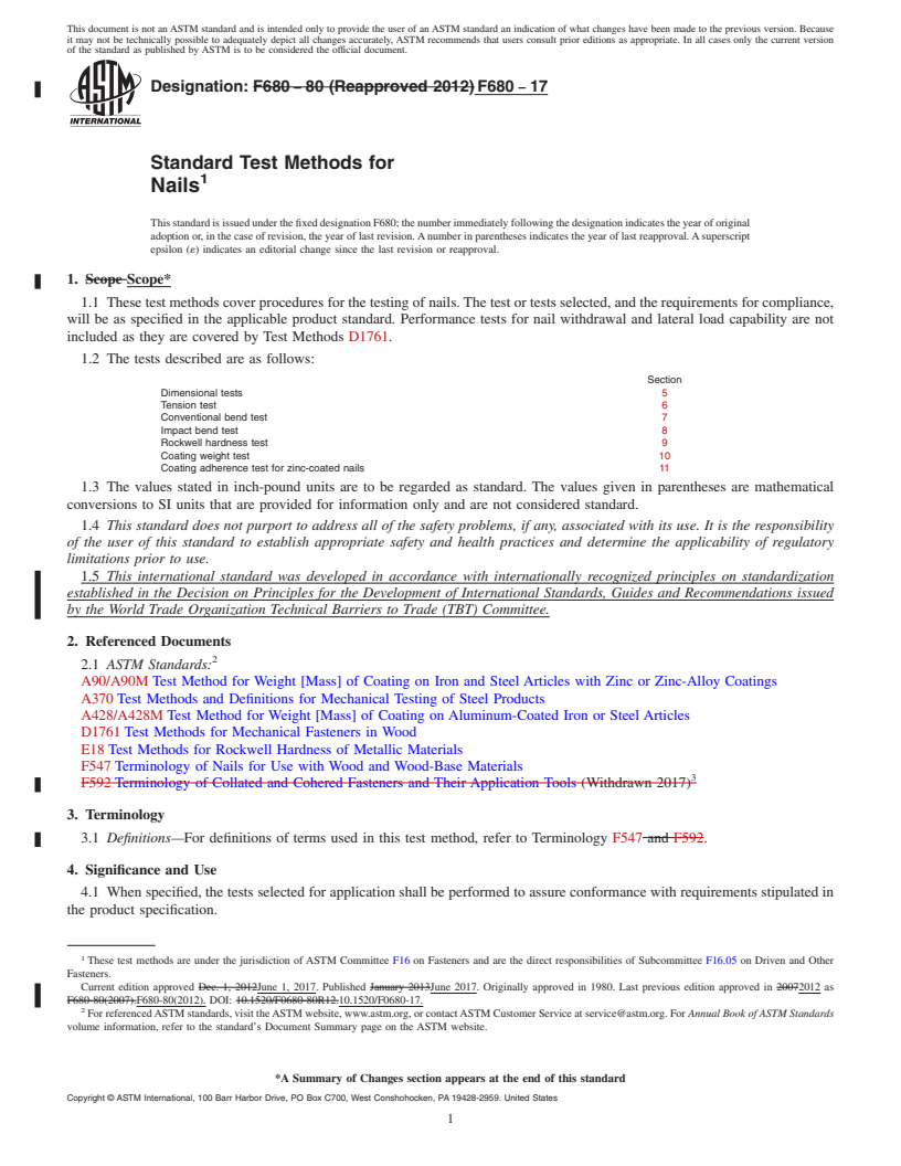 REDLINE ASTM F680-17 - Standard Test Methods for  Nails