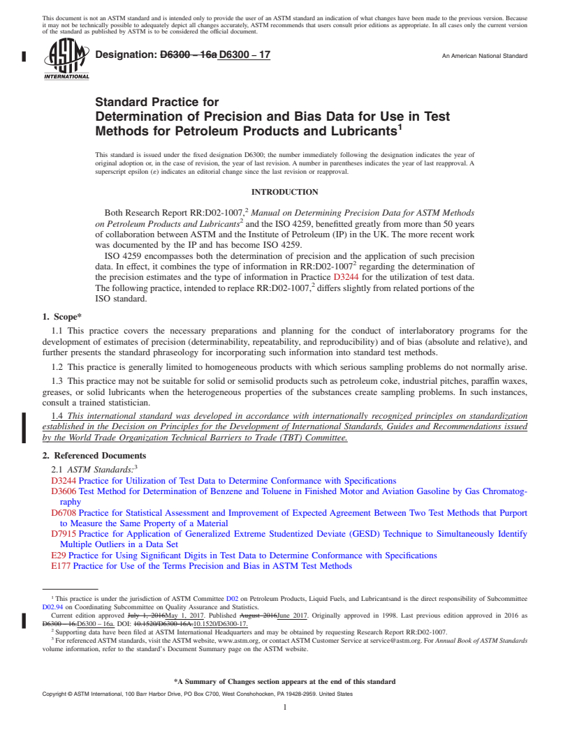 REDLINE ASTM D6300-17 - Standard Practice for  Determination of Precision and Bias Data for Use in Test Methods   for Petroleum Products and Lubricants