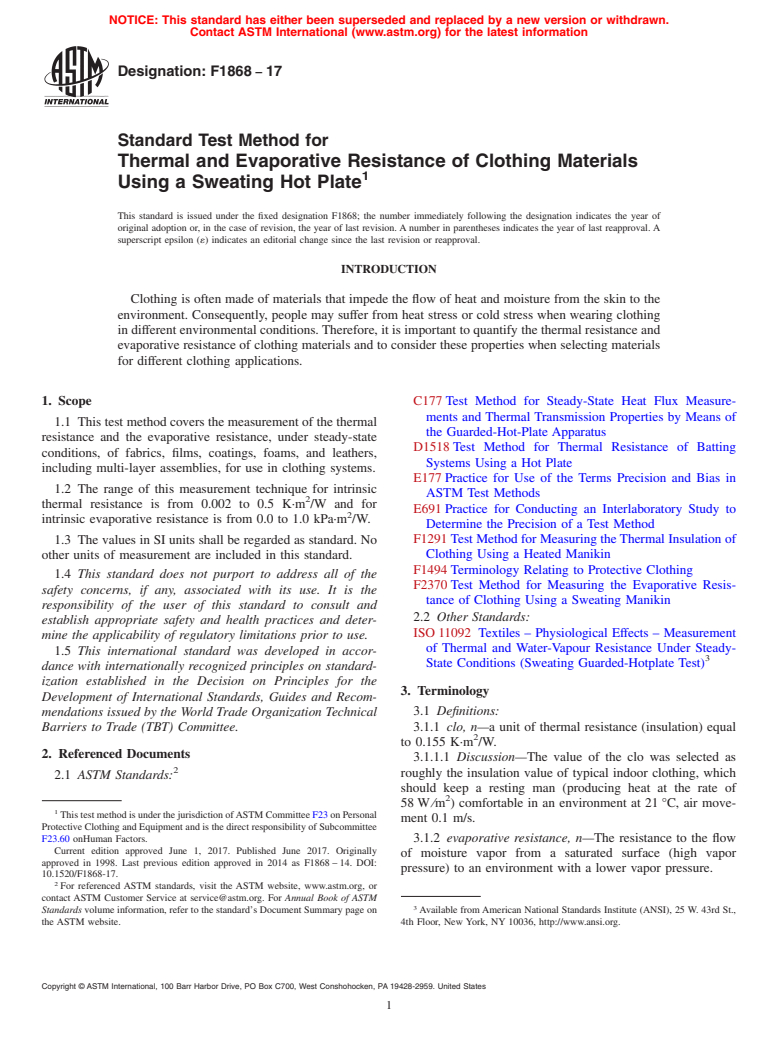 ASTM F1868-17 - Standard Test Method for  Thermal and Evaporative Resistance of Clothing Materials Using  a Sweating Hot Plate