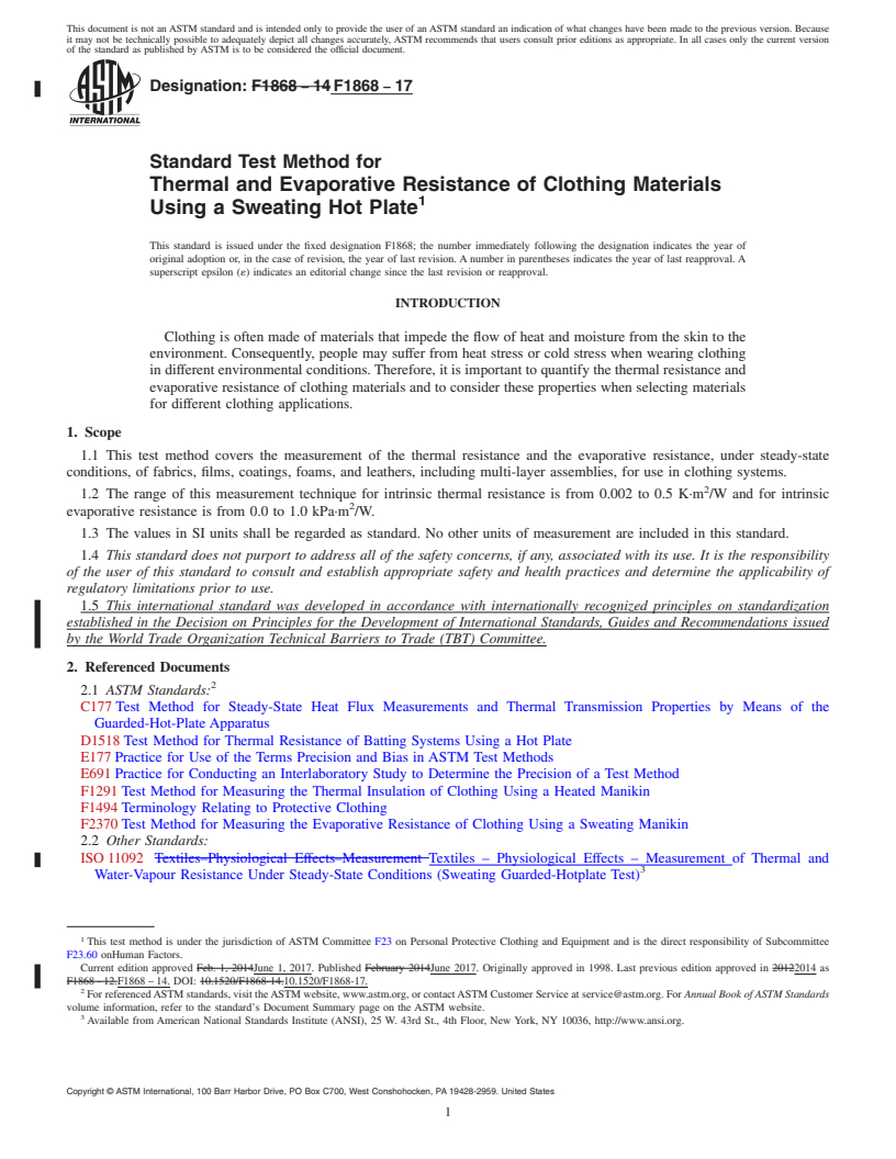 REDLINE ASTM F1868-17 - Standard Test Method for  Thermal and Evaporative Resistance of Clothing Materials Using  a Sweating Hot Plate