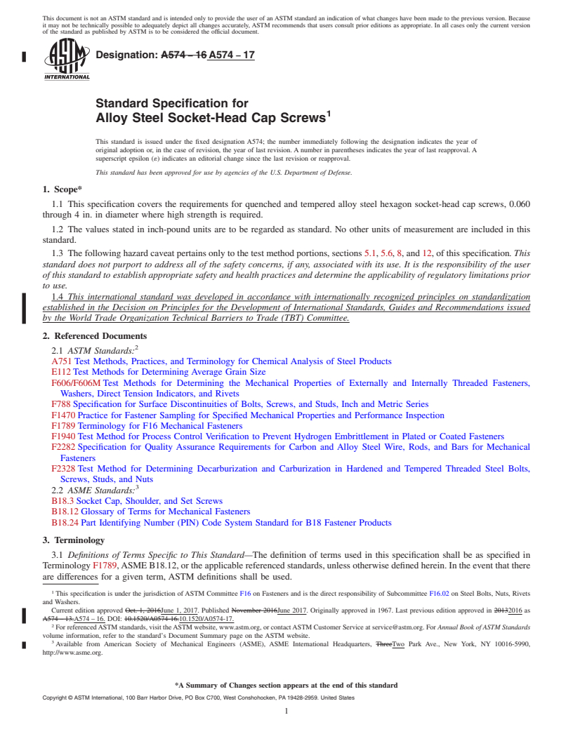 REDLINE ASTM A574-17 - Standard Specification for  Alloy Steel Socket-Head Cap Screws